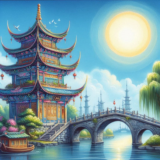 Chinese Pagoda Near a Bridge