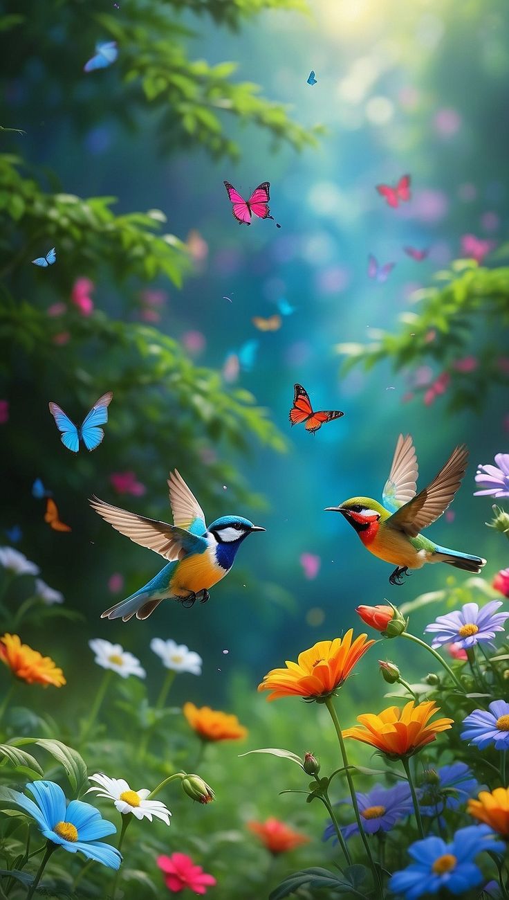 Colorful Birds & Butterflies In Garden