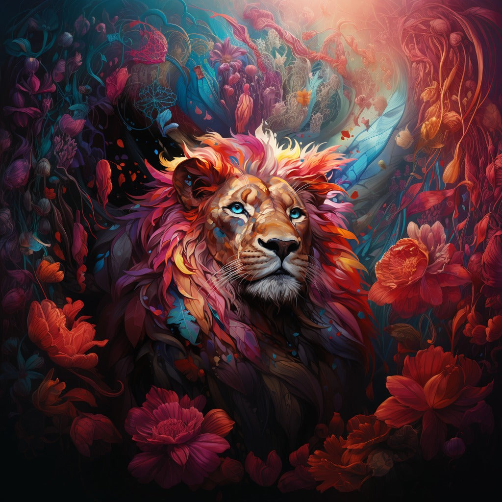 Colorful lion surrounded by flowers diamond painting kit by All Diamond Painting