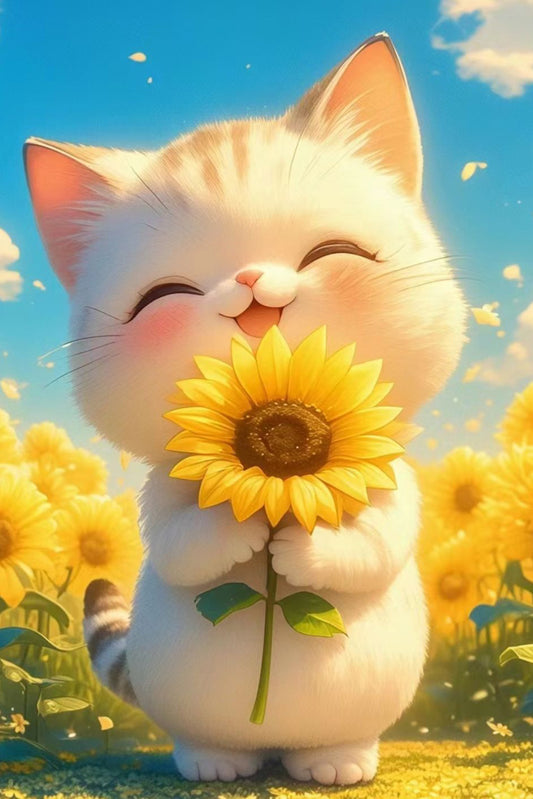 Cute Cat Posing with a Sunflower