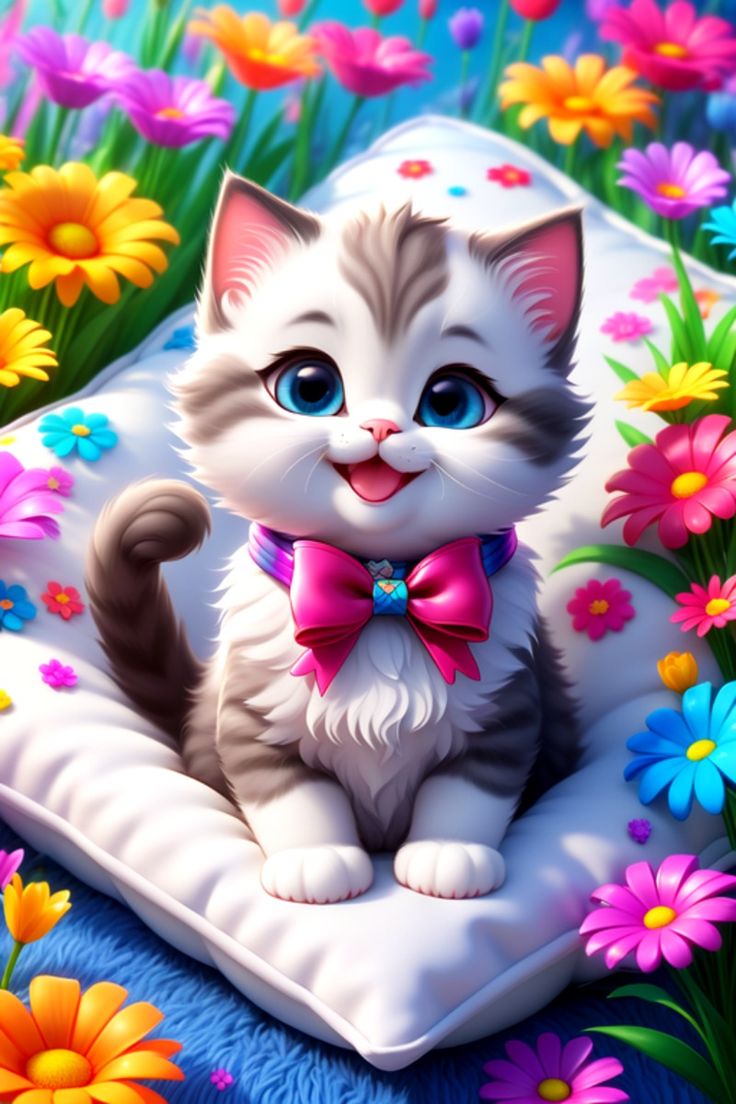 Cute Cat in Brightness Flower Blends 