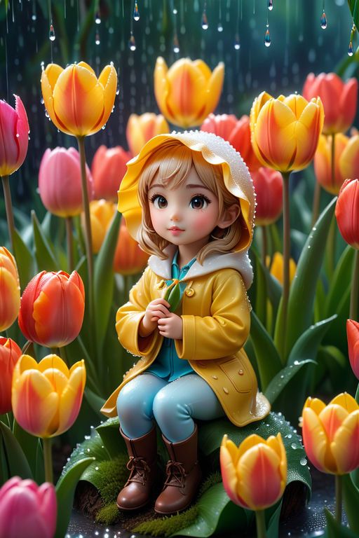 Cute Girl in a Tulip Garden 