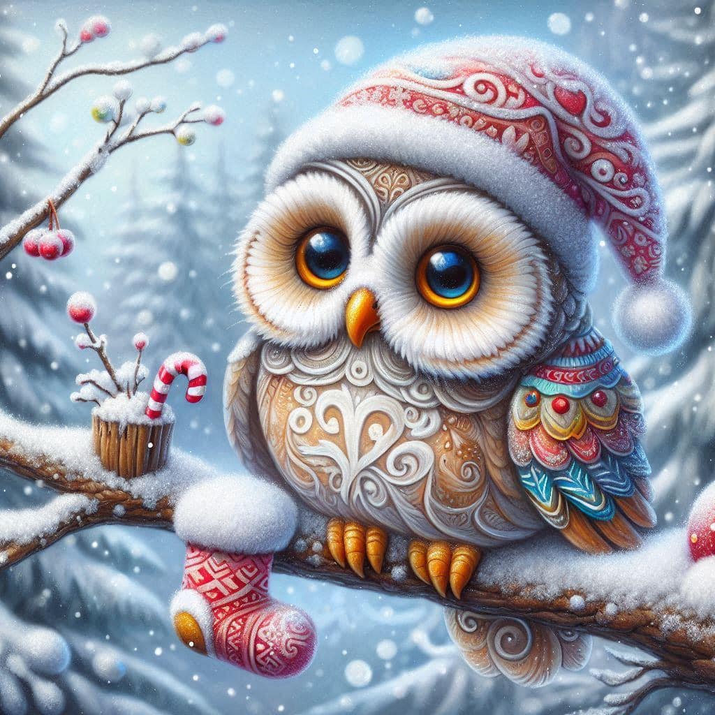 Cute Owl Wearing Christmas Hat