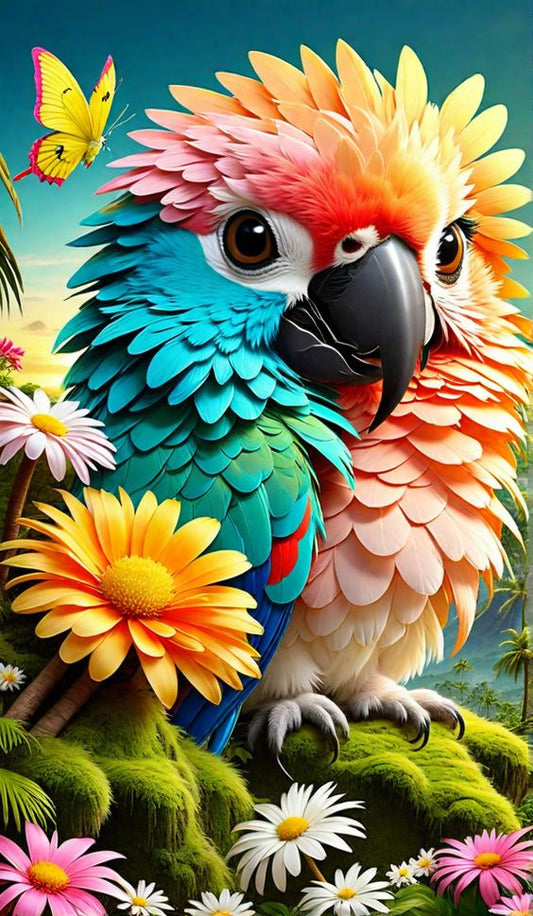 Cute Parrot & Flowers in  Soft Colors