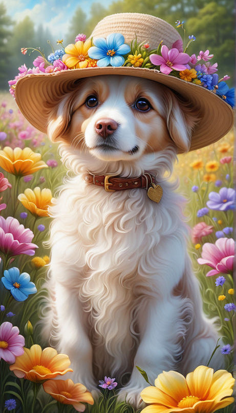 Dog Wearing Hat in Flowers Field