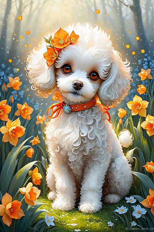 Elegant White Dog Surrounded by Orange Flowers