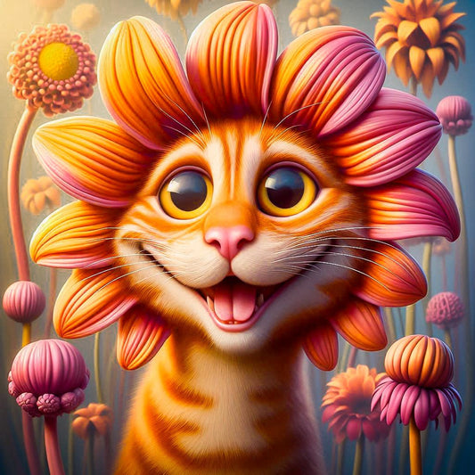 Flower-Crowned Feline with Big Yellow Eyes