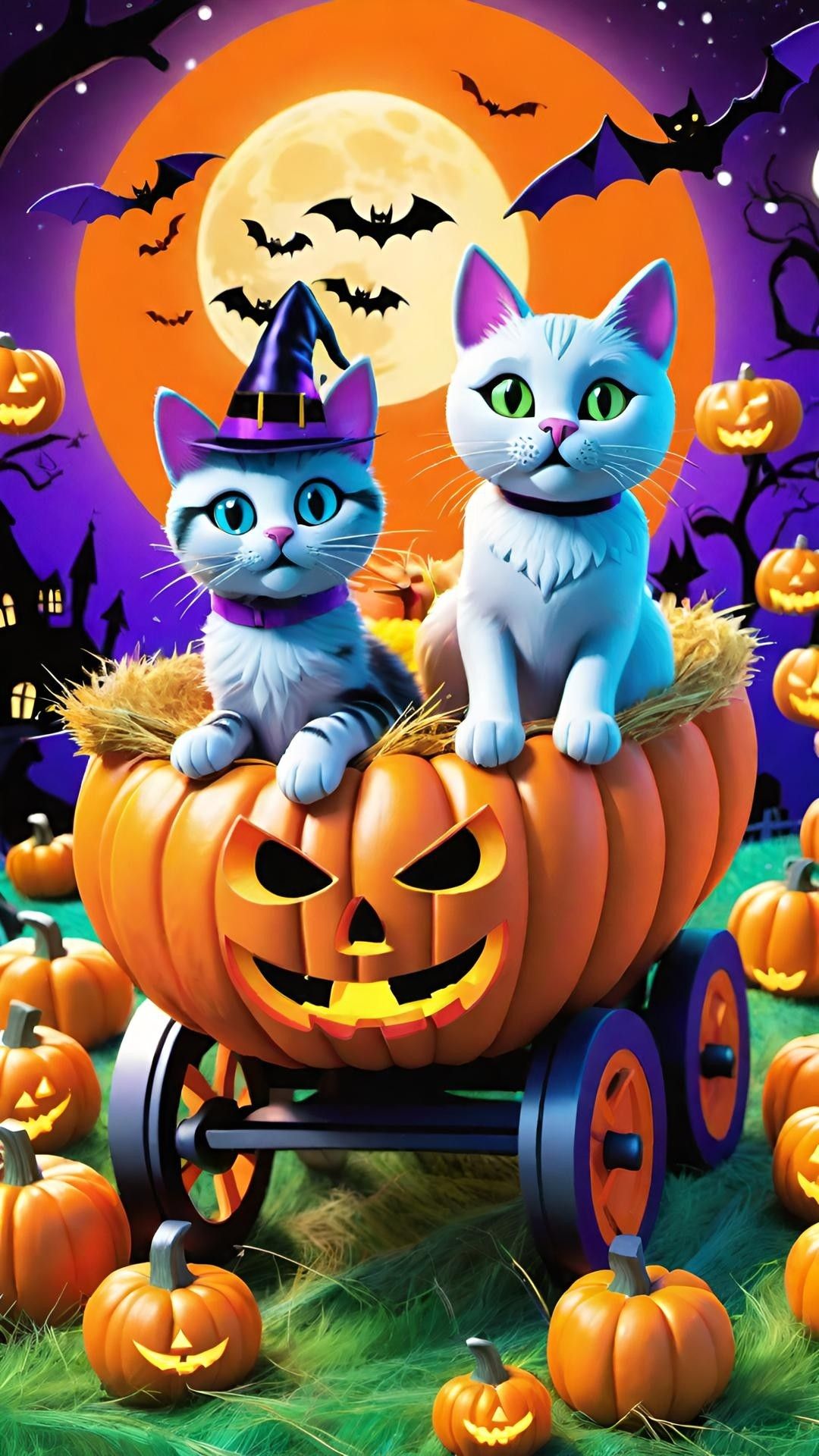 Furry Friends in Pumpkin Cart