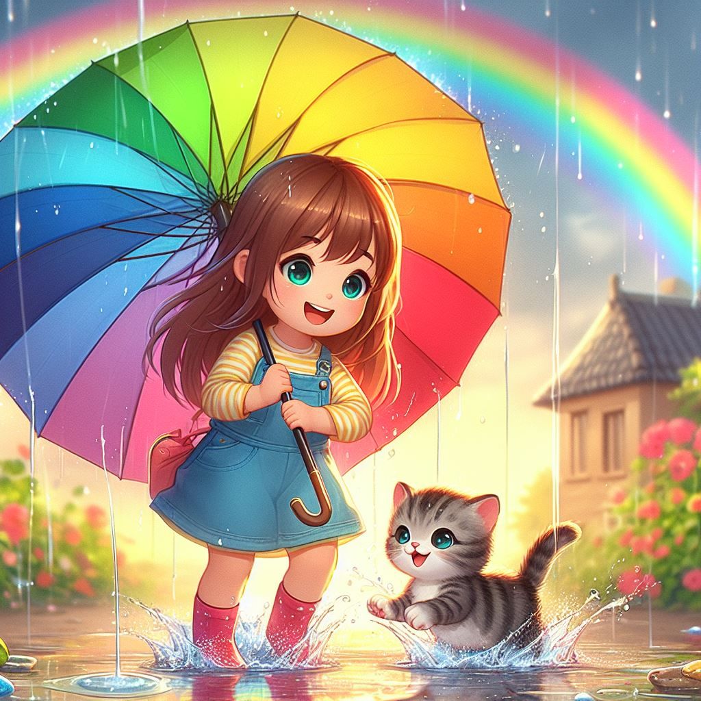 Girl With Her Cute Kitten in RainyDay