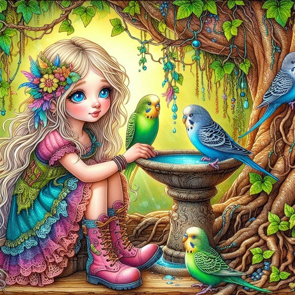 Girl with Parrots Among Flowers