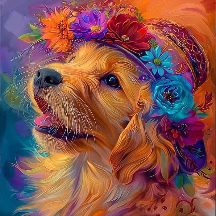 Golden Grace Retriever with Flowers Diamond Painting