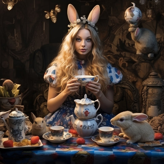 a girl having tea with bunnies Diamond Painting