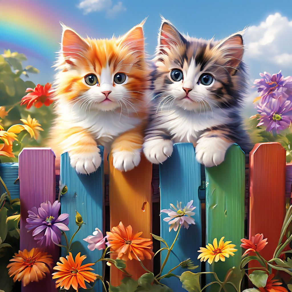 Joyful Kittens on Rainbow Fence 