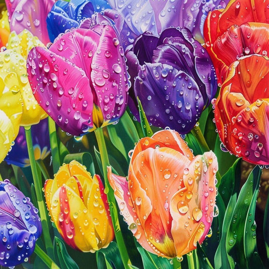 Multicolored Tulips With Rain Drops