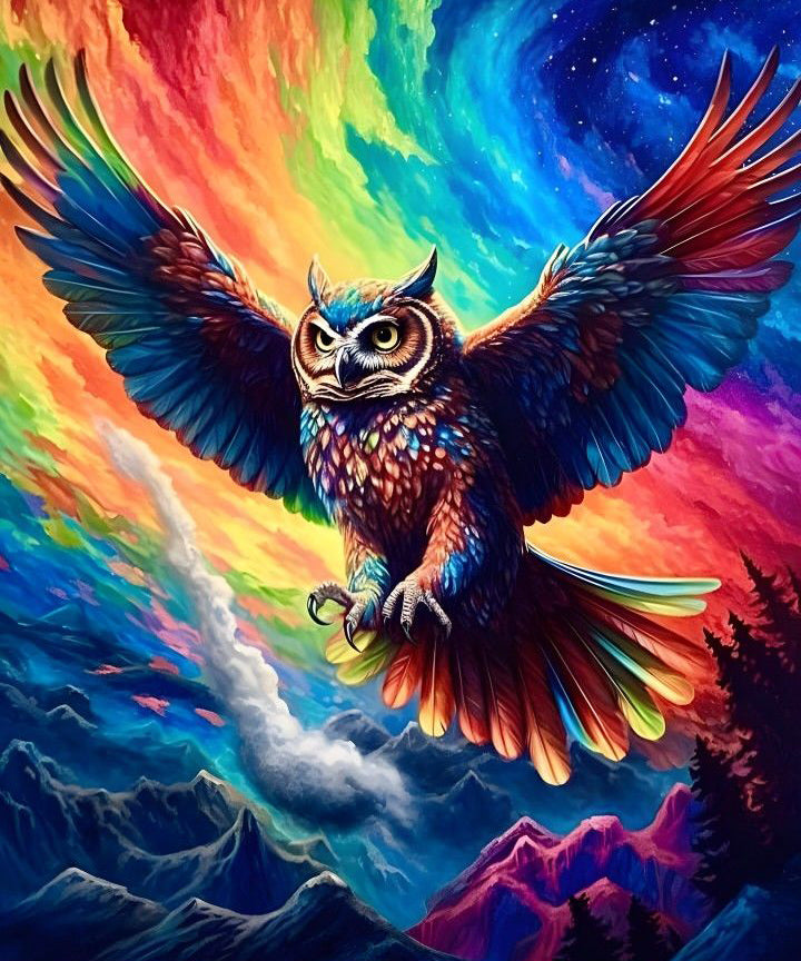 Owl Soaring in a Colored Sky 