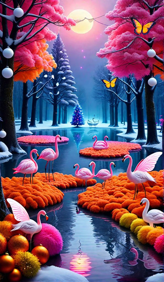 Pink Flamingoes under the Moon's Glow
