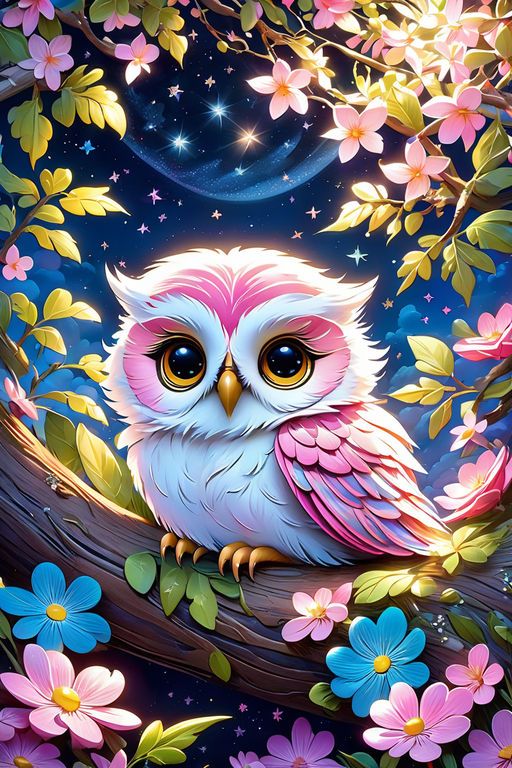 Pink Owl in a Starry Night 