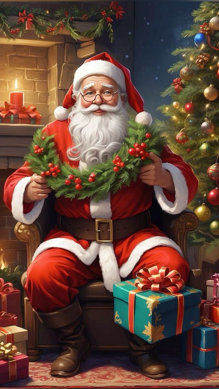 Santa with Christmas Tree & Gifts