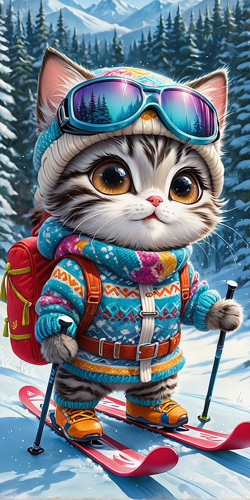 Snowy Expedition with a Cat on Skis