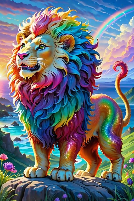 Strong Rainbow Lion Standing on Rock