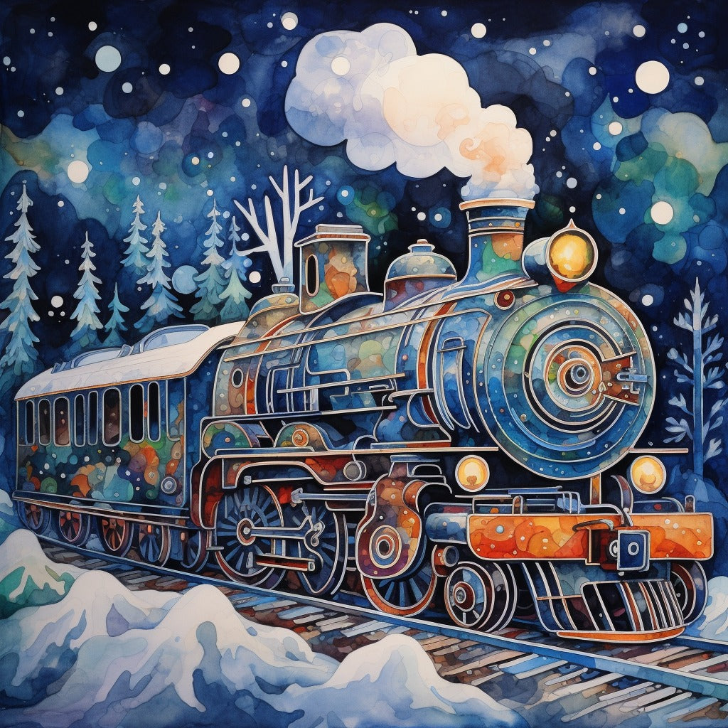 Winter ride train in snow and trees diamond painting kit by All Diamond Painting