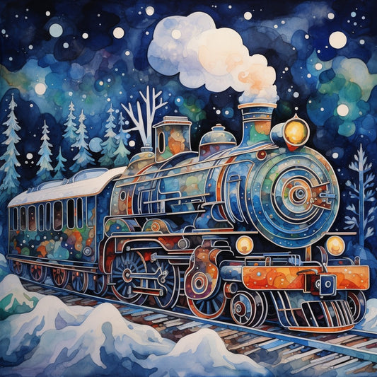Winter ride train in snow and trees diamond painting kit by All Diamond Painting