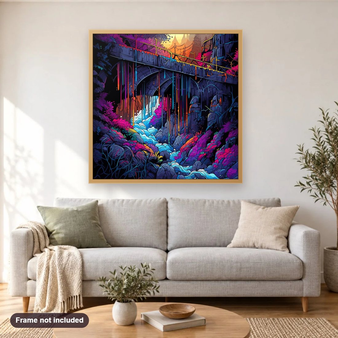 A Bridge to Your Dream Place diamond painting shown framed on a living room wall above a sofa
