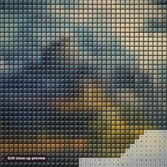 Close-up preview of the A Castle on the Lake diamond painting with square 5D drills and printed canvas symbols
