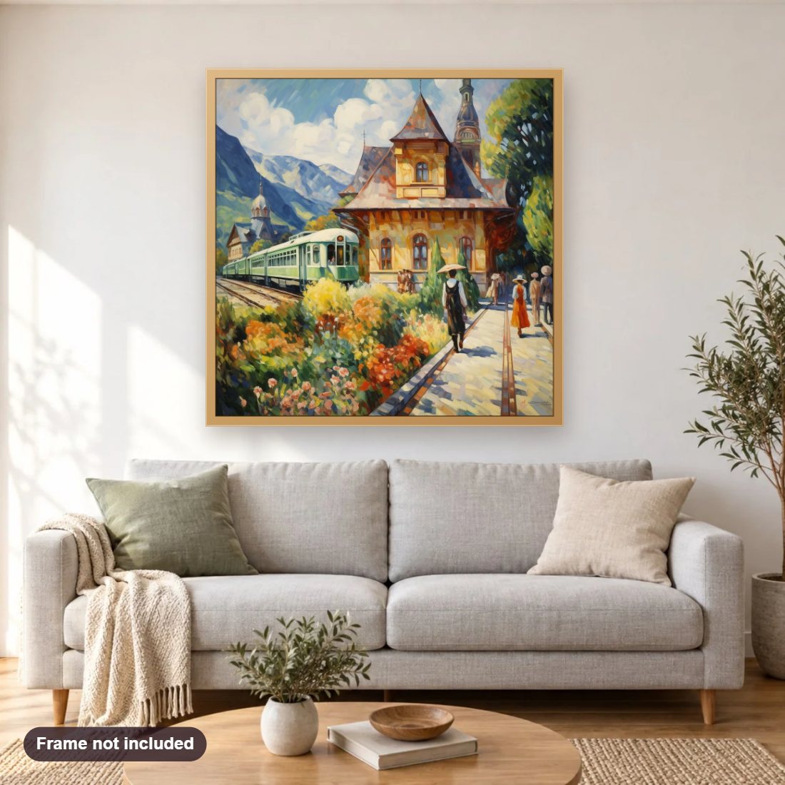 A Casual Summer Day diamond painting shown framed on a living room wall above a sofa