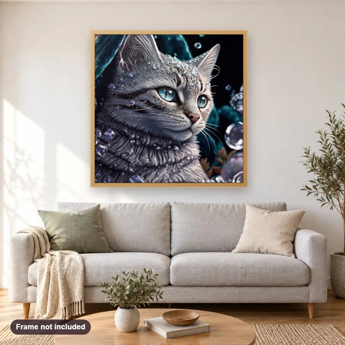 A Cat in Diamonds diamond painting shown framed on a living room wall above a sofa