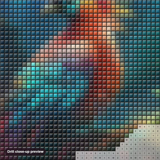 Close-up preview of the A Colorful Bird's Reign in the Forest diamond painting with square 5D drills and printed canvas symbols