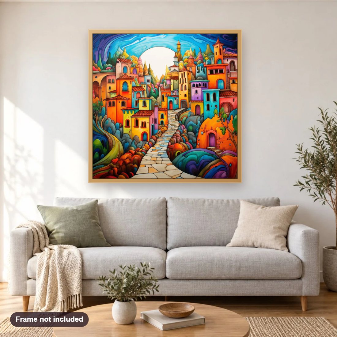 A Colorful Destination diamond painting shown framed on a living room wall above a sofa