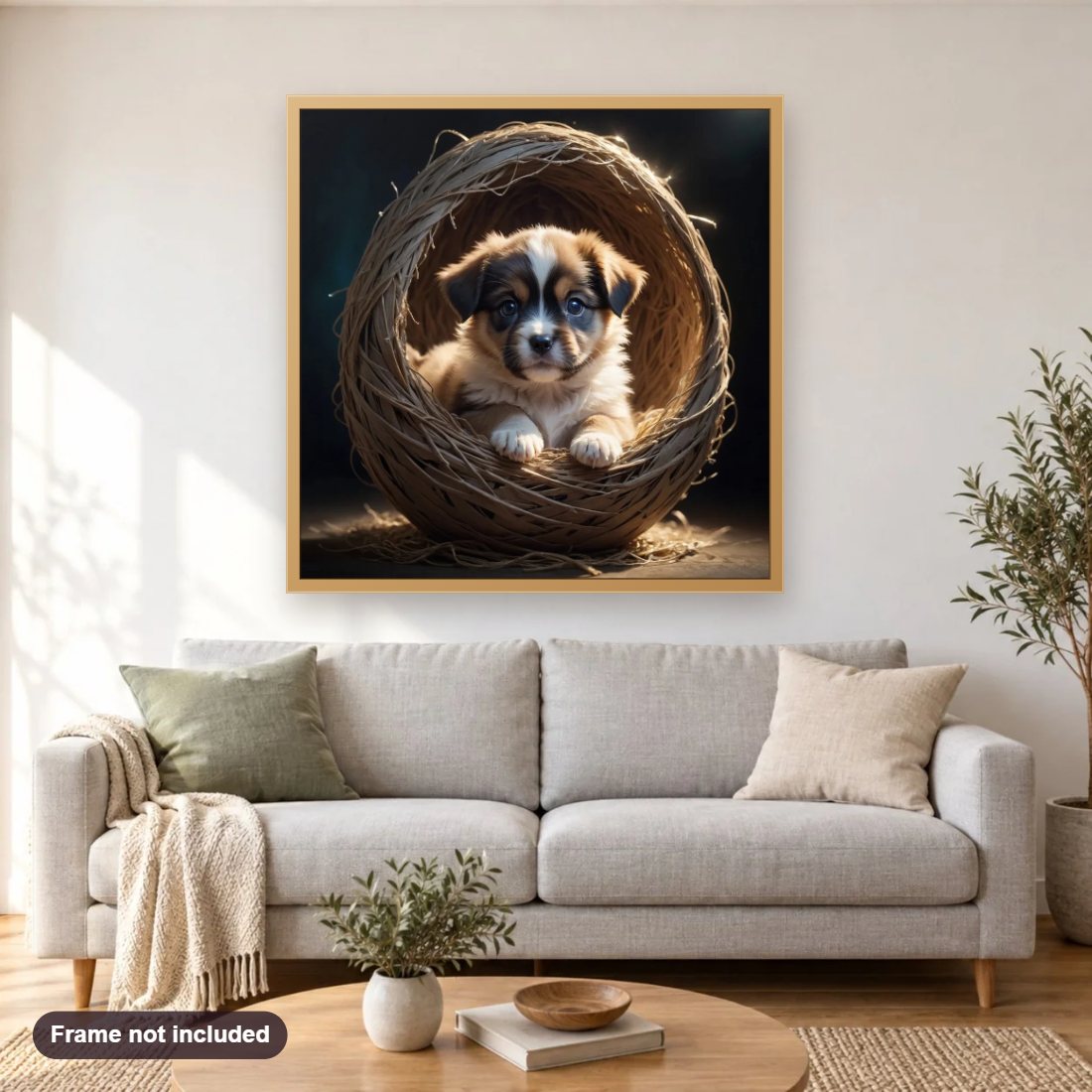 A Cozy Nook for a Cute Puppy diamond painting shown framed on a living room wall above a sofa