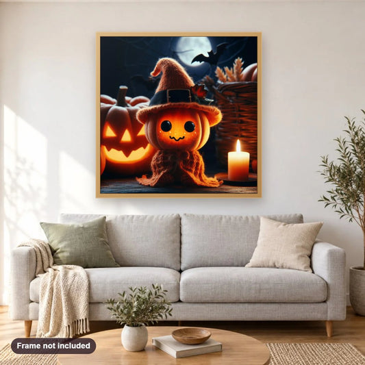 A Cute Halloween Pumpkin diamond painting shown framed on a living room wall above a sofa