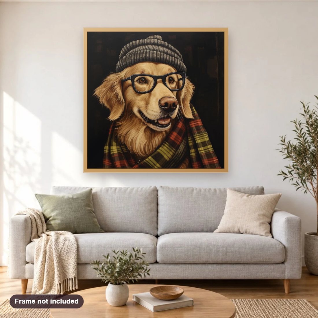 A Dog with Glasses diamond painting shown framed on a living room wall above a sofa