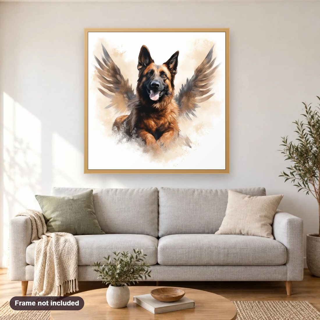 A Dog With Wings diamond painting shown framed on a living room wall above a sofa
