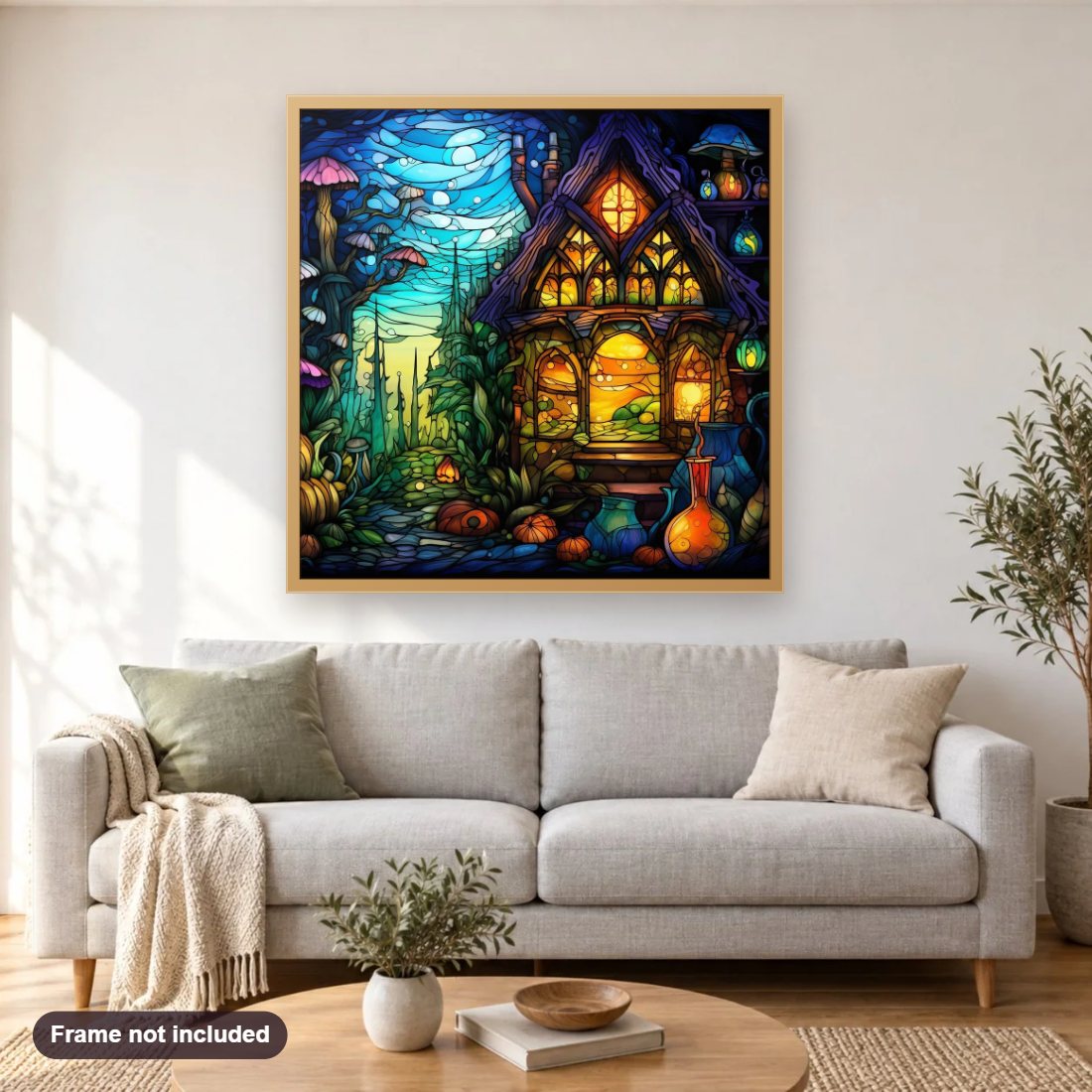 A Fairytale House diamond painting shown framed on a living room wall above a sofa