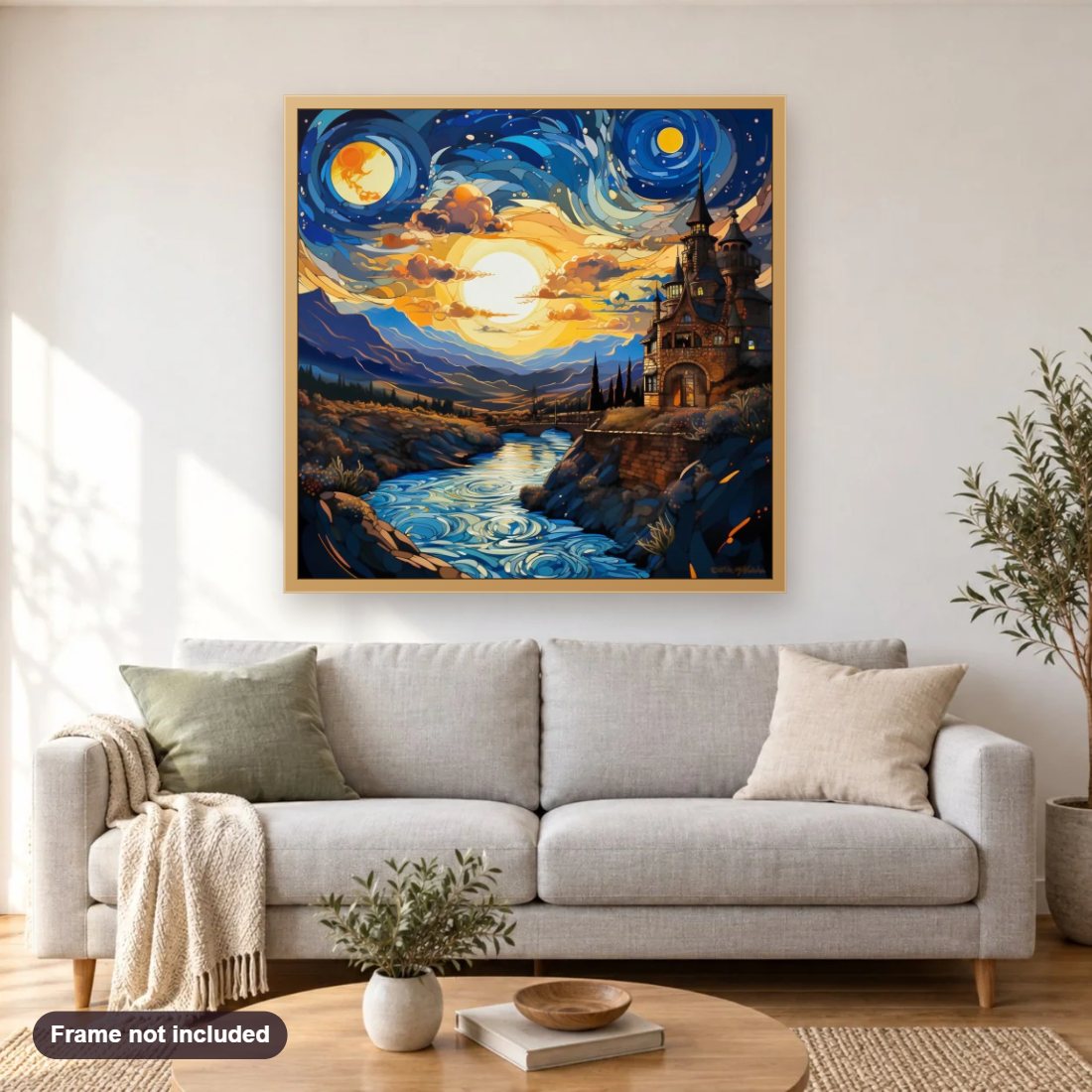 A Far Away Castle to Visit diamond painting shown framed on a living room wall above a sofa