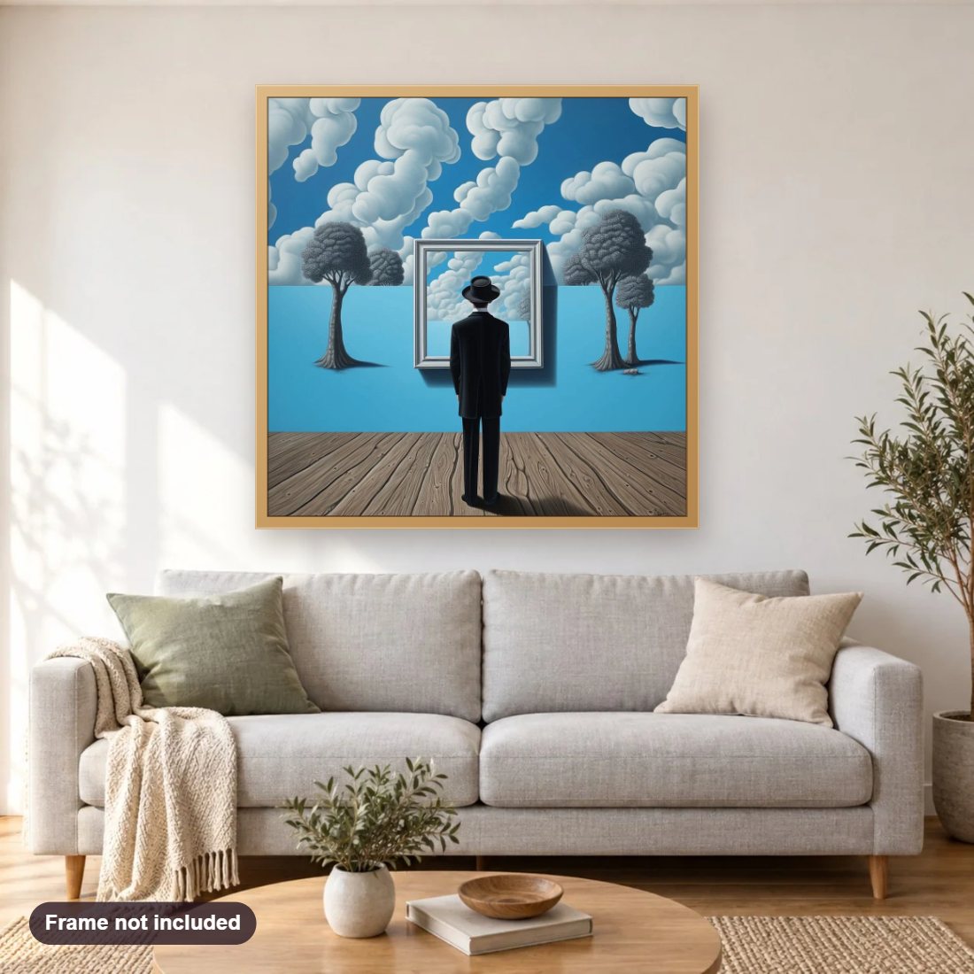 A Fusion of Reality and Imagination diamond painting shown framed on a living room wall above a sofa