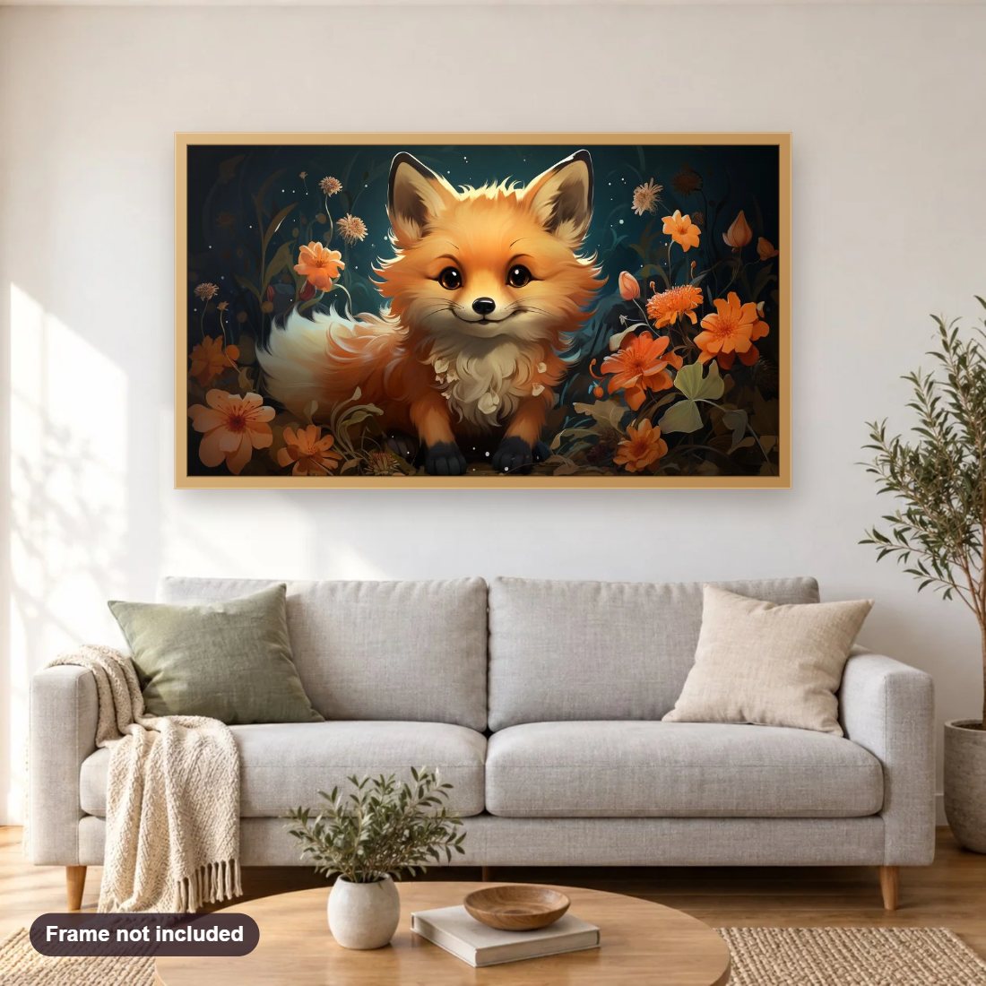 A Grinning Fox in a Sea of Blooms diamond painting shown framed on a living room wall above a sofa