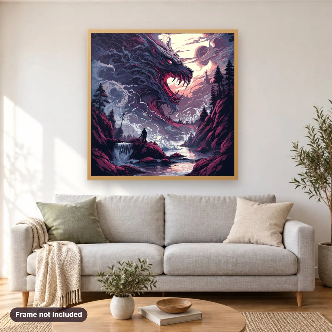 A Horrifying Dead End diamond painting shown framed on a living room wall above a sofa