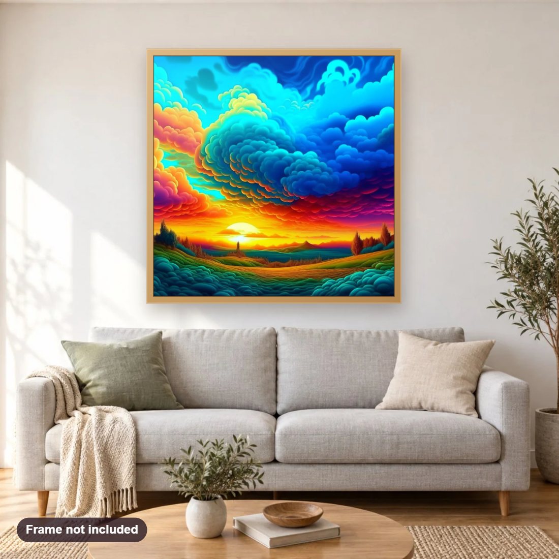 A Landscape Awash in Vibrant Colors diamond painting shown framed on a living room wall above a sofa