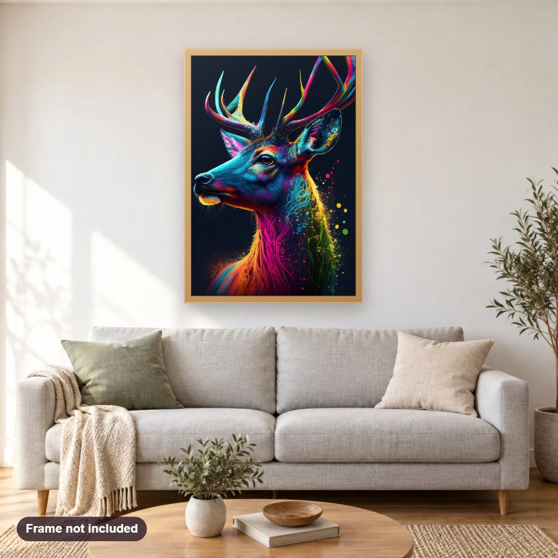 A Magical Deer diamond painting shown framed on a living room wall above a sofa