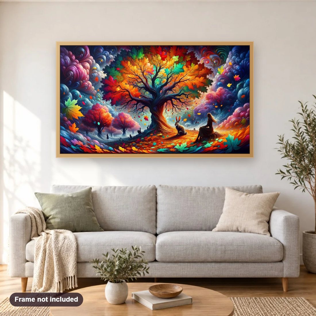 A Majestic Tree Beneath a Rainbow Horizon diamond painting shown framed on a living room wall above a sofa