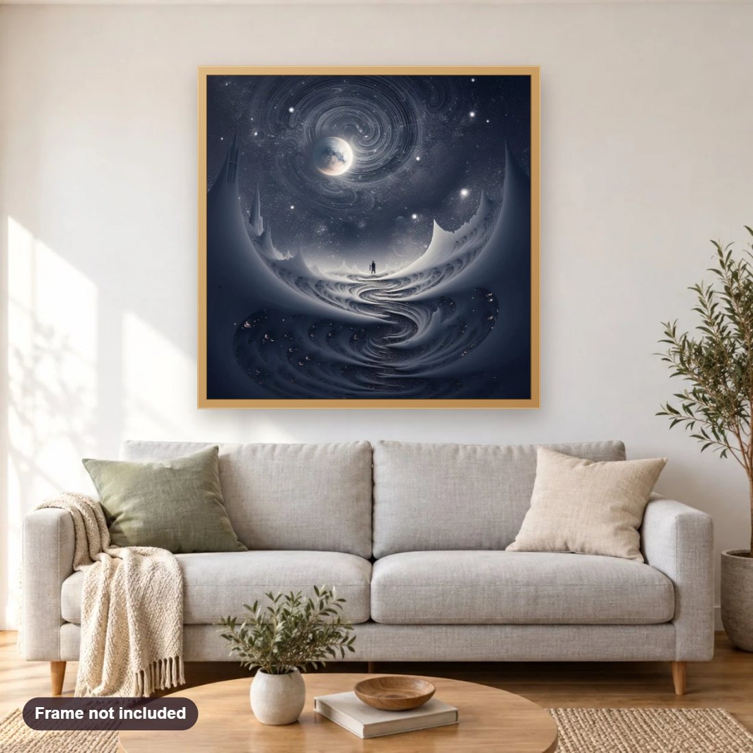 A man in a Space diamond painting shown framed on a living room wall above a sofa