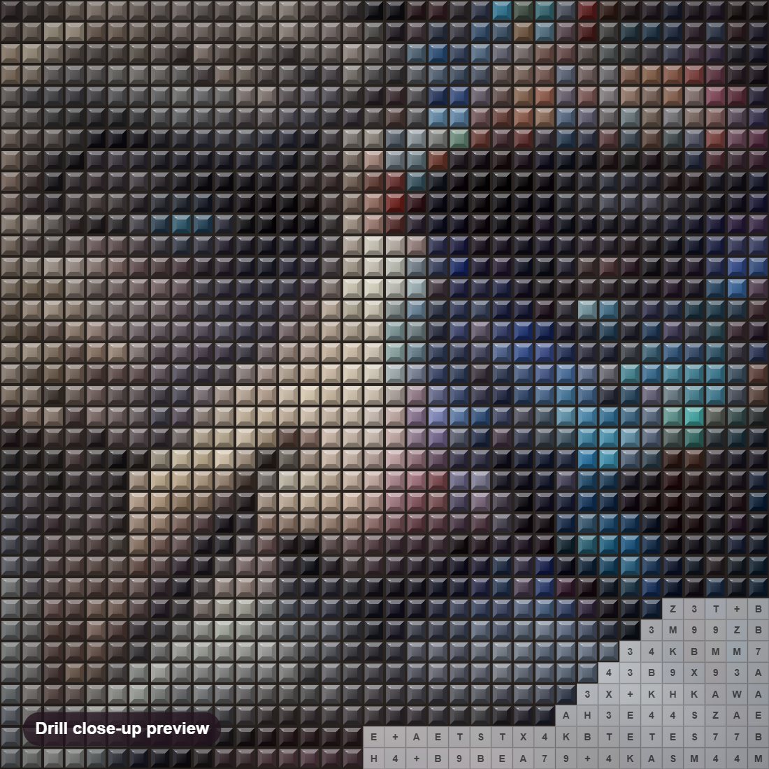 Close-up preview of the A man with different Eye Colors diamond painting with square 5D drills and printed canvas symbols