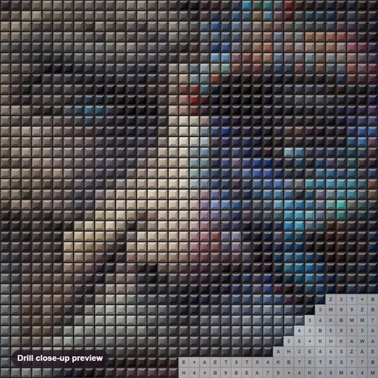 Close-up preview of the A man with different Eye Colors diamond painting with square 5D drills and printed canvas symbols