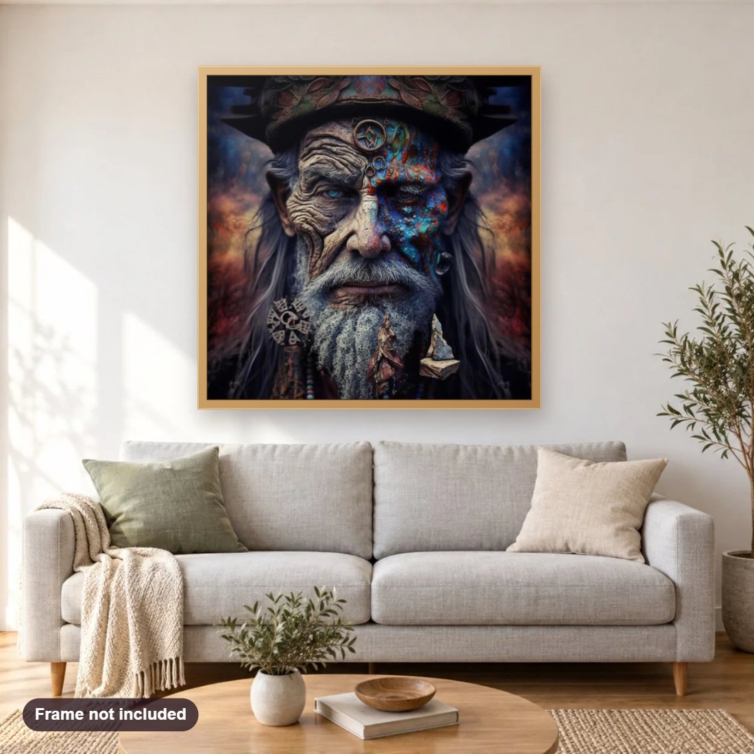 A man with different Eye Colors diamond painting shown framed on a living room wall above a sofa