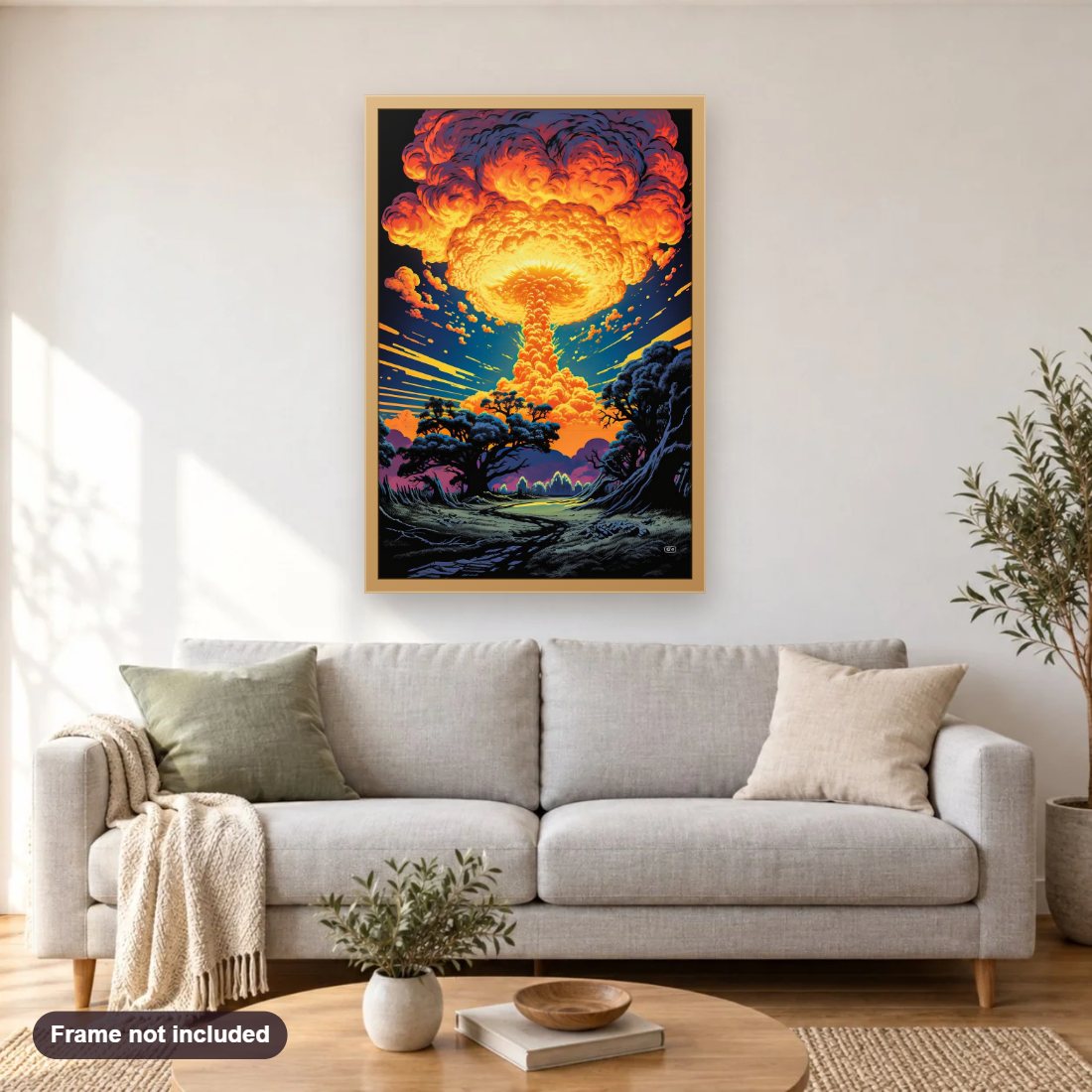 A Massive Explosion diamond painting shown framed on a living room wall above a sofa
