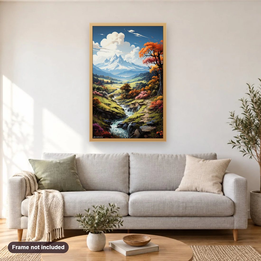 A Peaceful Day in the Wilderness diamond painting shown framed on a living room wall above a sofa